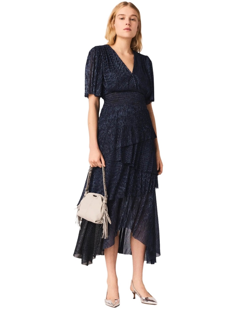 Maje Metallic Ruffled Midi Dress Sz 36, 2-4 US